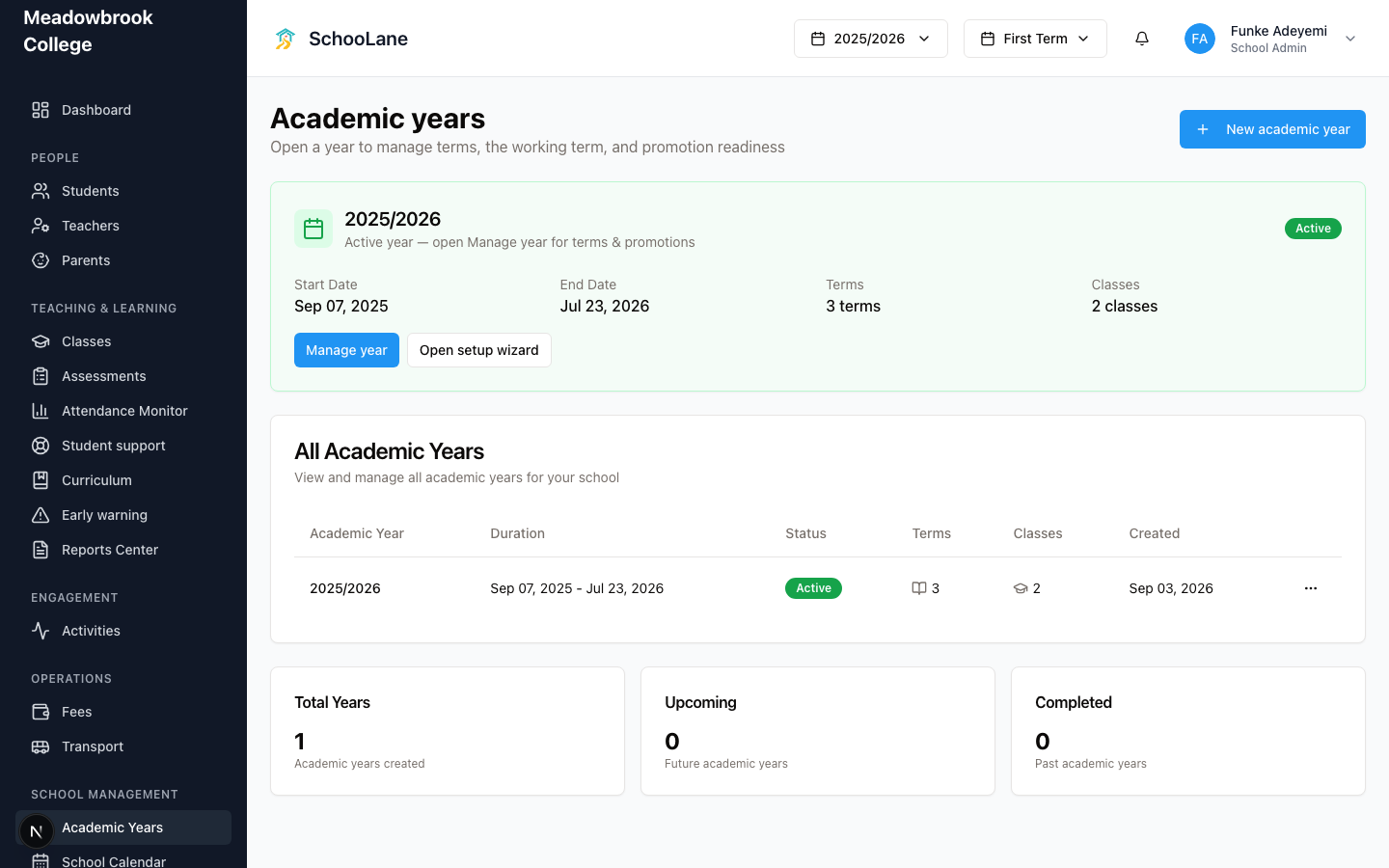 Academic years. New academic year opens the wizard.