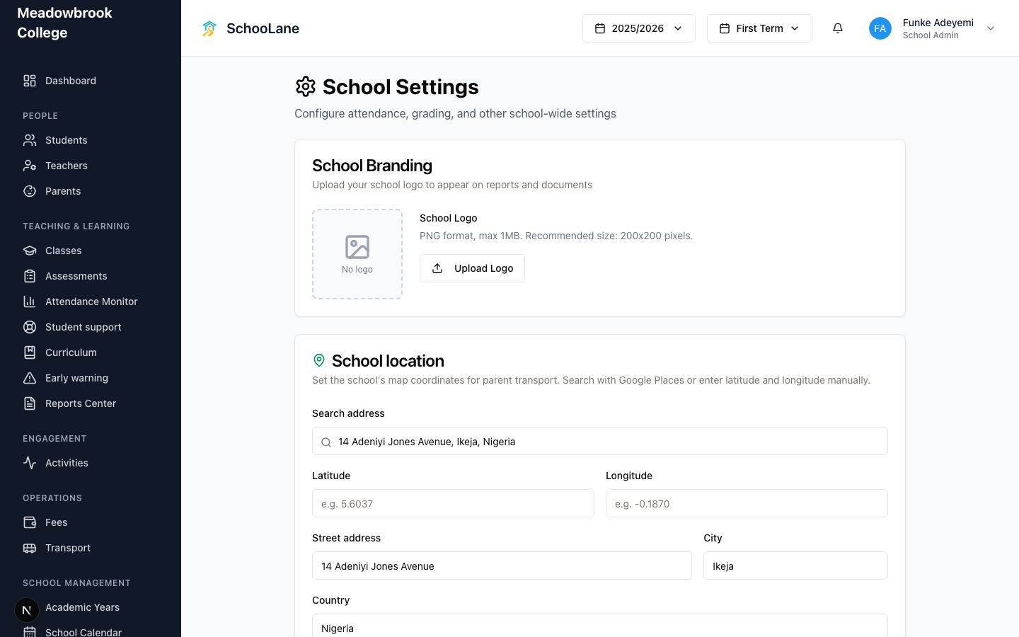 School Settings after you save the late time and the logo. The signature for reports lives here too.