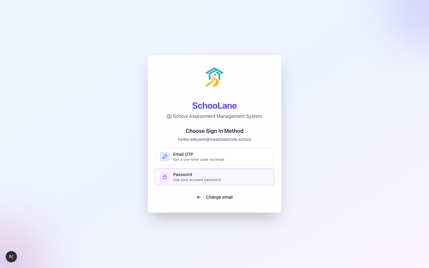 Choose Sign In Method. Email OTP or Password. Pick one.