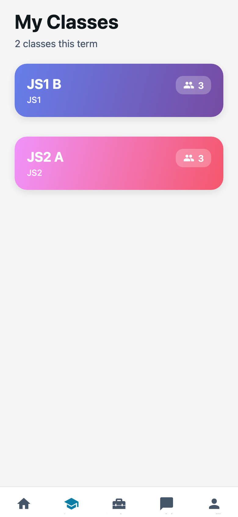 Classes tab. Tunde’s JS2 A card opens the roster.