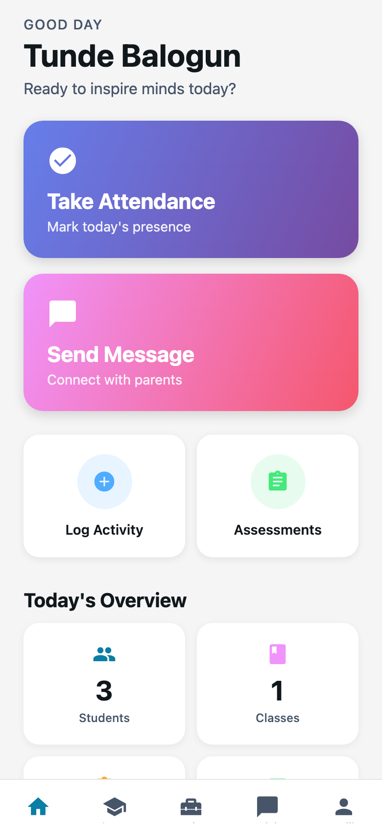 Home on the staff app. Phone-sized. The tab bar is Home, Classes, Services, Activity, Profile.
