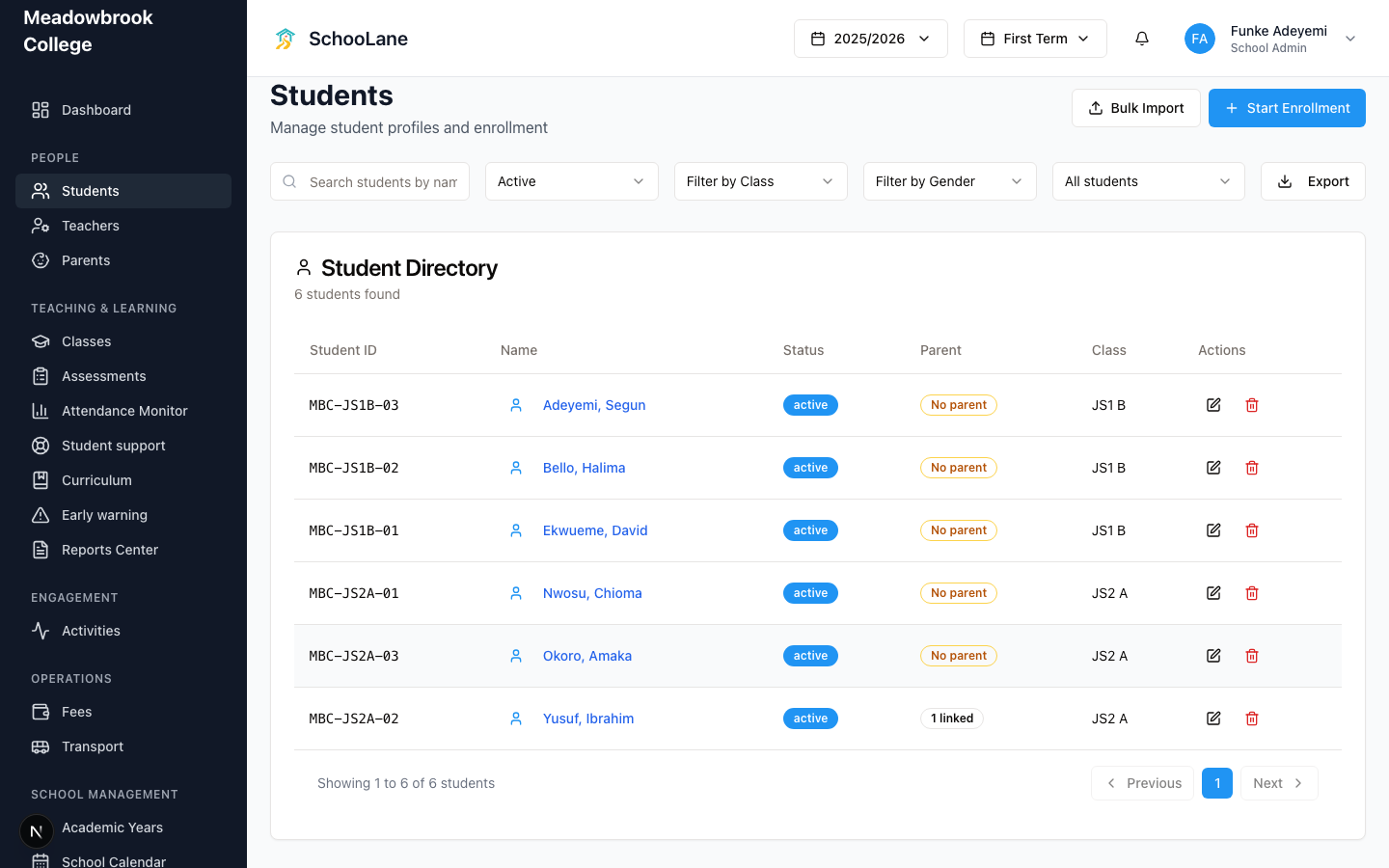 Students. Start Enrollment for one child. Bulk Import for a list.