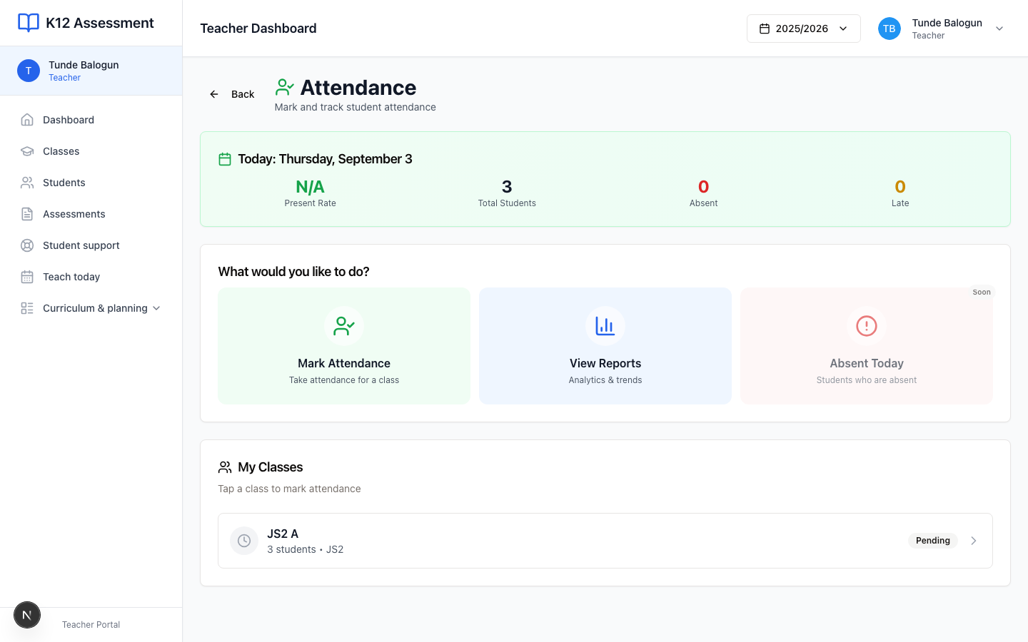 Attendance. Today’s counts, then Mark Attendance and your class list.