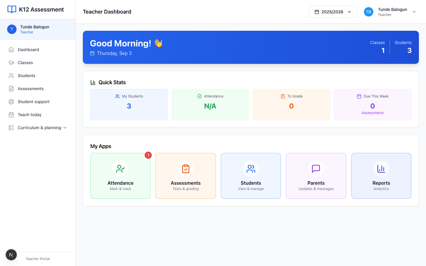 Dashboard. Quick Stats and My Classes sit on this page.