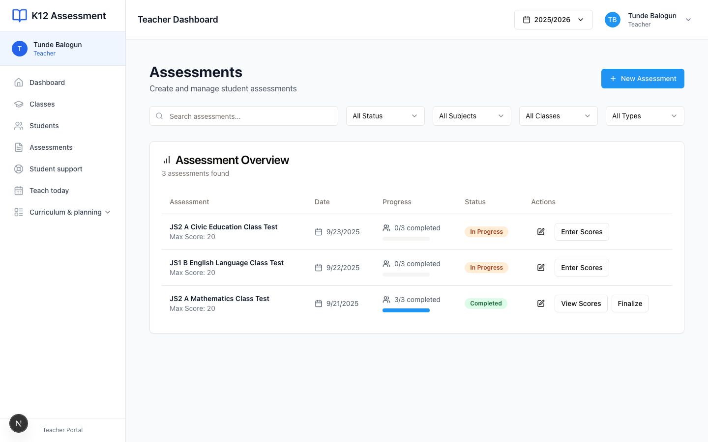 Assessments. New Assessment starts a test or quiz for your class.